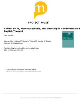 Animal Souls, Metempsychosis, and Theodicy in Seventeenth-Century English Thought