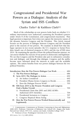 Congressional and Presidential War Powers As a Dialogue: Analysis of the Syrian and ISIS Conflicts Charles Tiefer† & Kathleen Clark††