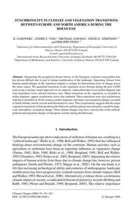 Synchronicity in Climate and Vegetation Transitions Between Europe and North America During the Holocene