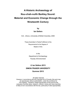 A Historic Archaeology of Nuu-Chah-Nulth Barkley Sound: Material and Economic Change Through the Nineteenth Century