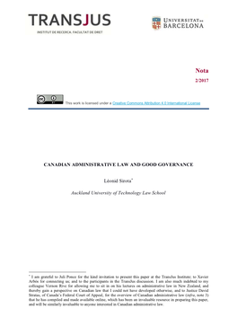 2/2017 CANADIAN ADMINISTRATIVE LAW and GOOD GOVERNANCE Léonid Sirota* Auckland University of Technology Law School