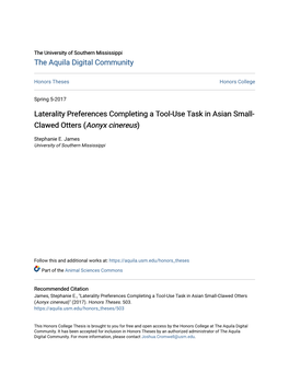 Laterality Preferences Completing a Tool-Use Task in Asian Small-Clawed Otters (&lt;I&gt;Aonyx Cinereus&lt;/I&gt;)