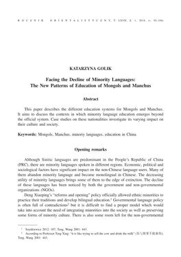Facing the Decline of Minority Languages: the New Patterns of Education of Mongols and Manchus