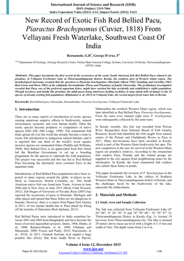 New Record of Exotic Fish Red Bellied Pacu, Piaractus Brachypomus (Cuvier, 1818) from Vellayani Fresh Waterlake, Southwest Coast of India