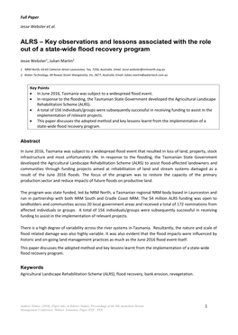 ALRS – Key Observations and Lessons Associated with the Role out of a State-Wide Flood Recovery Program