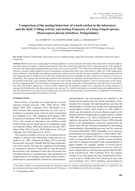 Comparison of the Mating Behaviour of a Bush Cricket in the Laboratory and the Field: Calling Activity and Mating Frequency Of