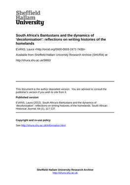 South Africa's Bantustans and the Dynamics of 'Decolonisation'