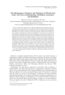 The Ephemeroptera, Plecoptera, and Trichoptera of Missouri State Parks, with Notes on Biomonitoring, Mesohabitat Associations, and Distribution