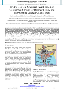Hydro-Geo-Bio-Chemical Investigation of Geothermal Springs for Baleneotherapy and Thermophile Studies: Odisha, India