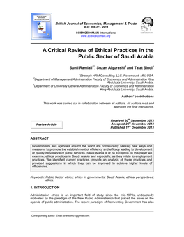 A Critical Review of Ethical Practices in the Public Sector of Saudi Arabia