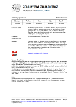 Cricetomys Gambianus Global Invasive Species Database (GISD)