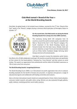 Club Med Named « Brand of the Year » at the World Branding Awards