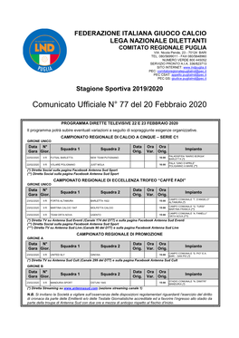 Comunicato Ufficiale N° 77 Del 20 Febbraio 2020