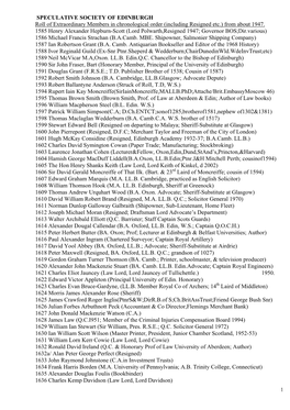 SPECULATIVE SOCIETY of EDINBURGH Roll of Extraordinary Members in Chronological Order (Including Resigned Etc.) from About 1947