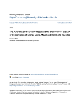 The Awarding of the Copley Medal and the ‘Discovery’ of the Law of Conservation of Energy: Joule, Mayer and Helmholtz Revisited