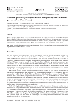 Three New Species of Myrsidea (Phthiraptera: Menoponidae) from New Zealand Passerines (Aves: Passeriformes)