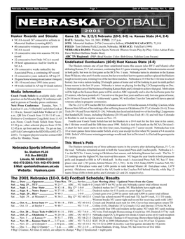 The 2001 Nebraska (10-0, 6-0) Football Schedule/Results Day