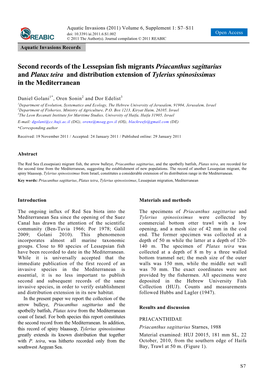 Second Records of the Lessepsian Fish Migrants Priacanthus Sagittarius and Platax Teira and Distribution Extension of Tylerius Spinosissimus in the Mediterranean