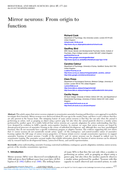 Mirror Neurons: from Origin to Function