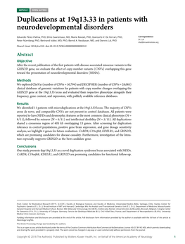 Duplications at 19Q13.33 in Patients with Neurodevelopmental Disorders