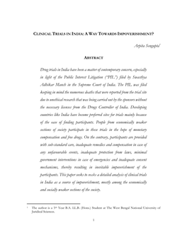 Arpita Sengupta1 Drug Trials in India Have Been a Matter of Contemporary Concern, Especially in Light of the Public Interest