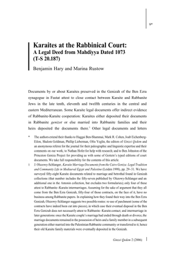 Karaites at the Rabbinical Court: a Legal Deed from Mahdiyya Dated 1073 (T-S 20.187) Benjamin Hary and Marina Rustow