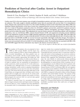 Predictors of Survival After Cardiac Arrest in Outpatient Hemodialysis Clinics