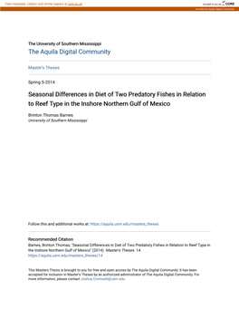 Seasonal Differences in Diet of Two Predatory Fishes in Relation to Reef Type in the Inshore Northern Gulf of Mexico