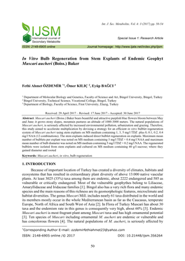 In Vitro Bulb Regeneration from Stem Explants of Endemic Geophyt Muscari Aucheri (Boiss.) Baker