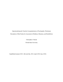 Operationalizing the Triarchic Conceptualization of Psychopathy: Preliminary Description of Brief Scales for Assessment of Boldn