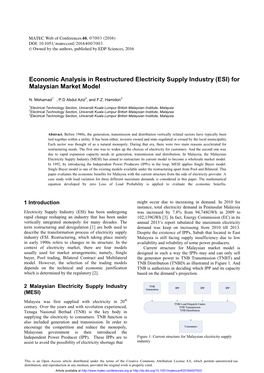 Economic Analysis in Restructured Electricity Supply Industry \(ESI\)