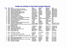 To Articles in the East London Record. Issue Year Article Author Keyword 1 Kevword 2 Area 13 1990 Sir Thomas Fowell Buxton Bt