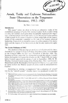 Arrack, Toddy and Ceylonese Nationalism: Some Observations on the Temperance L'v1ovement, 19 J 2 - 1921