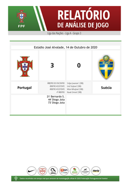 Portugal Suécia Cartões Subs Golos Min Jogadores Min Golos Subs Cartões