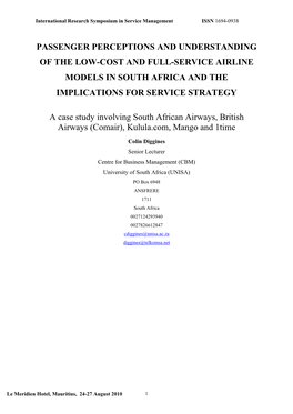 Passenger Perceptions and Understanding of the Low-Cost and Full-Service Airline Models in South Africa and the Implications for Service Strategy