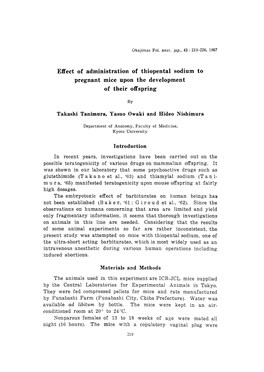 Effect of Administration of Thiopental Sodium to Pregnant Mice Upon The