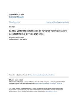 La Ética Utilitarista En La Relación De Humanos Y Animales: Aporte De Peter Singer Al Proyecto Gran Simio