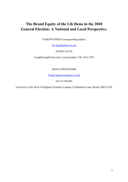 The Brand Equity of the Lib Dems in the 2010 General Election: a National and Local Perspective