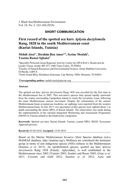 First Record of the Spotted Sea Hare Aplysia Dactylomela Rang, 1828 in the South Mediterranean Coast (Kuriat Islands, Tunisia)