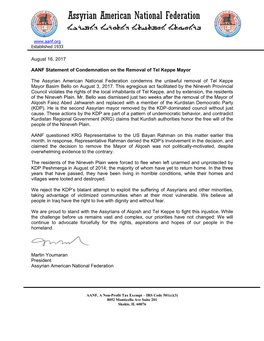 August 16, 2017 AANF Statement of Condemnation on the Removal of Tel Keppe Mayor the Assyrian American National Federation Conde