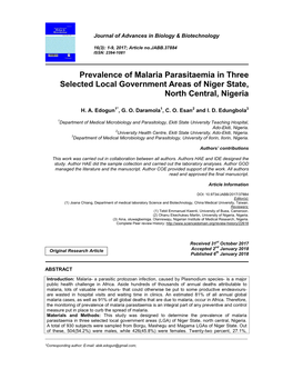 Prevalence of Malaria Parasitaemia in Three Selected Local Government Areas of Niger State, North Central, Nigeria