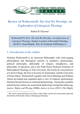 Review of Wolterstorff, the God We Worship: an Exploration of Liturgical Theology