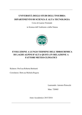 Evoluzione a Lungo Termine Dell'idrochimica Di Laghi Alpini D'alta