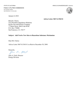 January 8, 2010 Advice Letter 3067-G/3565-E Brian K. Cherry Vice President, Regulatory Relations Pacific Gas and Electri