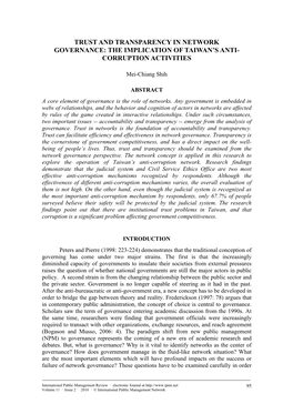 Trust and Transparency in Network Governance: the Implication of Taiwan’S Anti- Corruption Activities