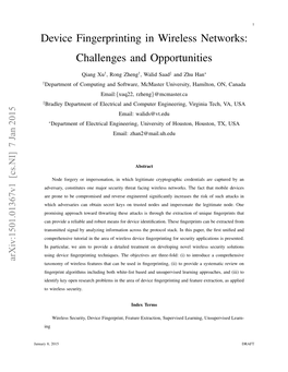 Device Fingerprinting in Wireless Networks: Challenges and Opportunities