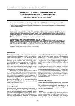 LA DERMATOLOGÍA POPULAR EN ESPAÑA: REMEDIOS TRADICIONALES BASADOS EN EL USO DE INSECTOS José Antonio González1 & José R