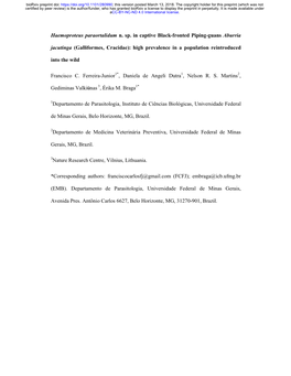 Haemoproteus Paraortalidum N. Sp. in Captive Black-Fronted Piping-Guans Aburria Jacutinga (Galliformes, Cracidae): High Prevalen