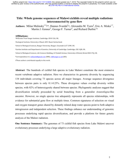 Whole Genome Sequences of Malawi Cichlids Reveal Multiple Radiations Interconnected by Gene Flow Authors: Milan Malinsky1,2†*, Hannes Svardal1†, Alexandra M