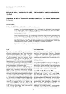 Zajímavé Nálezy Teplomilných Plžů V Karlovarském Kraji (Nejzápadnější Čechy) Interesting Records of Thermophilic